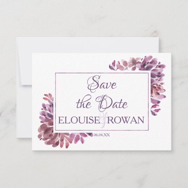 Dusky Purple Petals Floral Save the Date Card (Front)