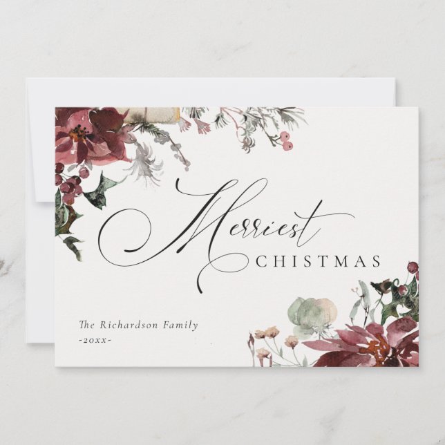  Dusky Red Poinsettia Floral Merriest Christmas  Holiday Card (Front)