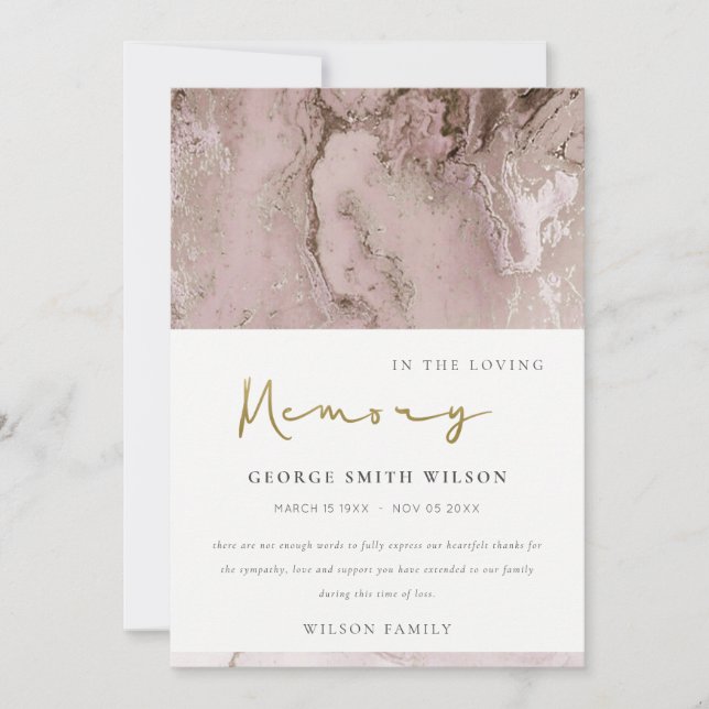 DUSKY ROSE GOLD PINK AGATE SYMPATHY MEMORIAL THANK THANK YOU CARD (Front)