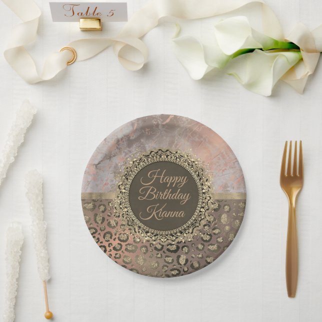 Dusky Rose Marble Glittery Leopard Birthday Paper Plate (Wedding)