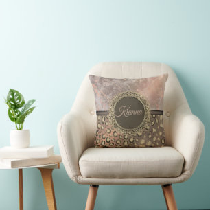 Dusky Rose Marble Glittery Leopard Cushion