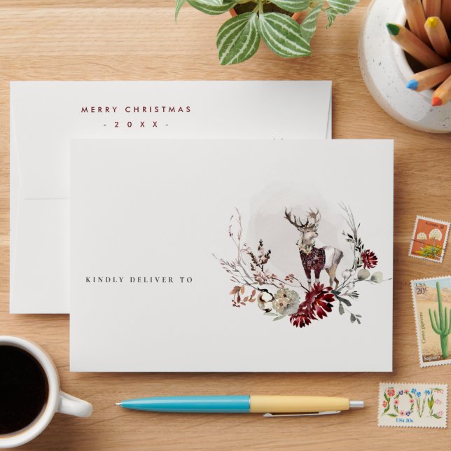 Dusky Stag Marsala Foliage Wreath Merry Christmas Envelope (Desk)