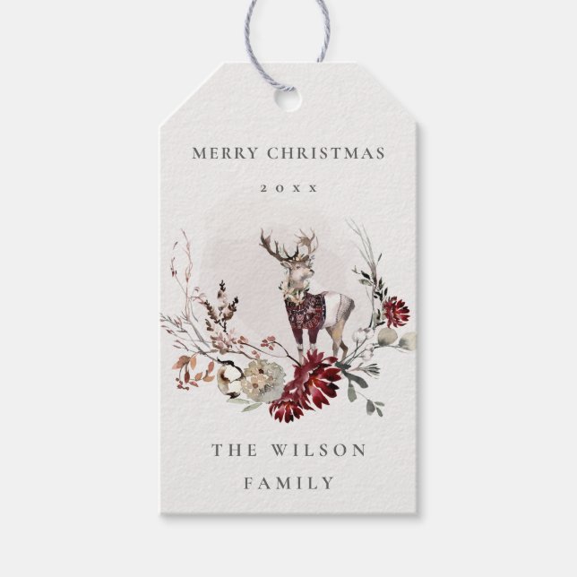 Dusky Stag Marsala Foliage Wreath Merry Christmas Gift Tags (Front)