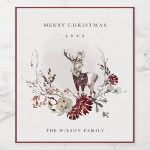 Dusky Stag Marsala Foliage Wreath Merry Christmas Wine Label