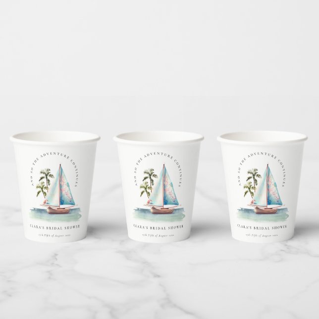 Dusky Teal Sailboat Palm Seascape Bridal Shower Paper Cups (Multi)