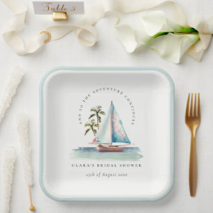Dusky Teal Sailboat Palm Seascape Bridal Shower Paper Plate
