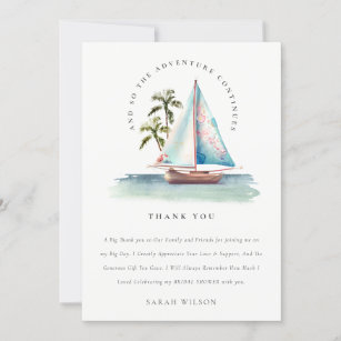 Dusky Teal Sailboat Palm Seascape Bridal Shower Thank You Card