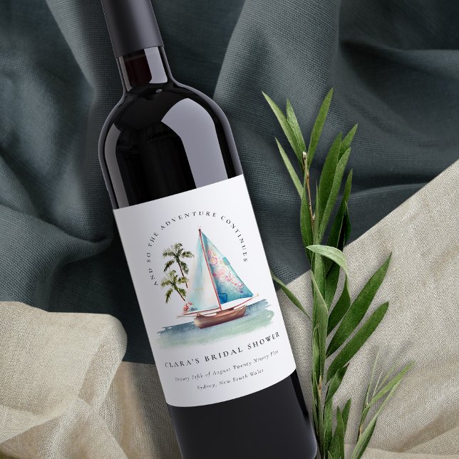 Dusky Teal Sailboat Palm Seascape Bridal Shower Wine Label (Creator Uploaded)