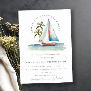 Dusky Teal Sailboat Palm Seascape Engagement Invitation