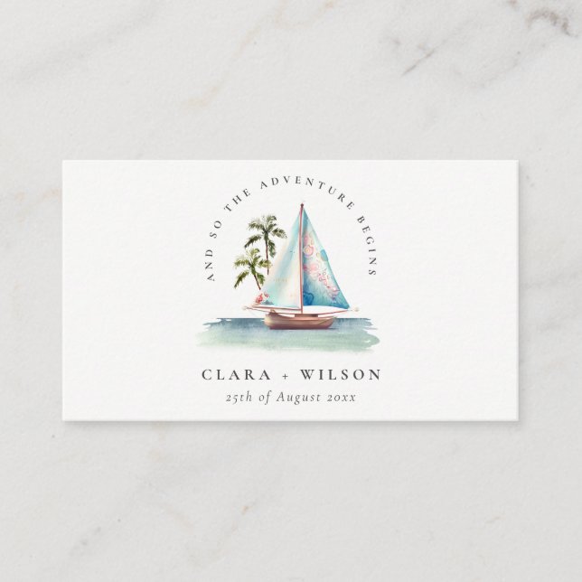 Dusky Teal Sailboat Palm Seascape Wedding Website Enclosure Card (Front)