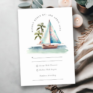 Dusky Teal Sailboat Palm Trees Seascape Wedding RSVP Card
