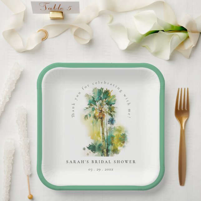 Dusky Tropical Watercolor Palm Trees Bridal Shower Paper Plate (Wedding)