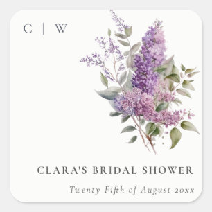 Dusky Watercolor Lilac Cottage Flora Bridal Shower Square Sticker