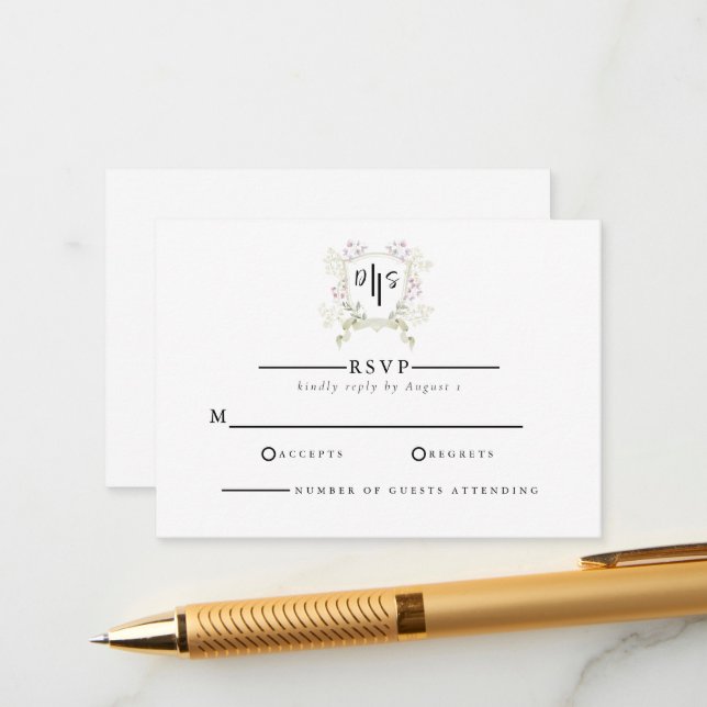 Dusky Wildflower Monogram Crest Wedding Enclosure Card (Front/Back In Situ)