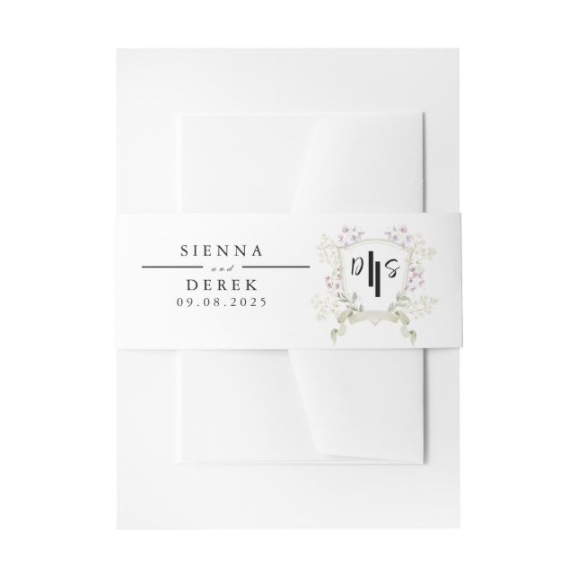 Dusky Wildflower Monogram Crest Wedding Invitation Belly Band (Front Example)