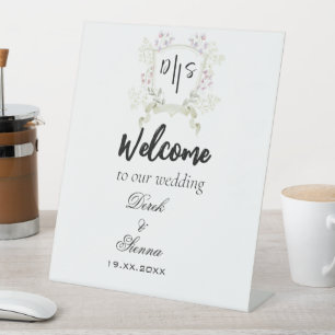 Dusky Wildflower Monogram Crest Wedding Pedestal Sign