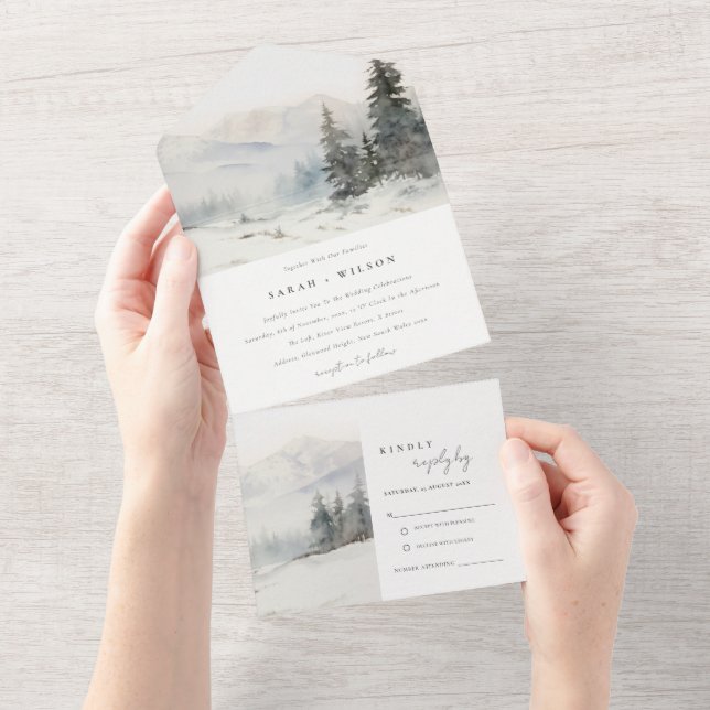 Dusky Winter Snow Mountain Landscape Wedding All In One Invitation (Tearaway)