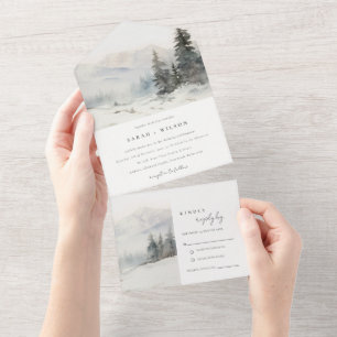 Dusky Winter Snow Mountain Landscape Wedding All In One Invitation