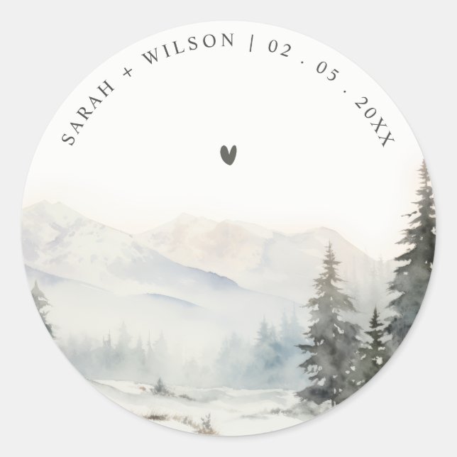 Dusky Winter Snow Mountain Landscape Wedding Classic Round Sticker (Front)