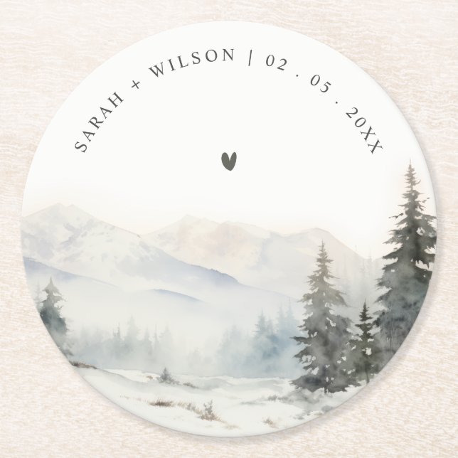 Dusky Winter Snow Mountain Landscape Wedding Round Paper Coaster (Front)