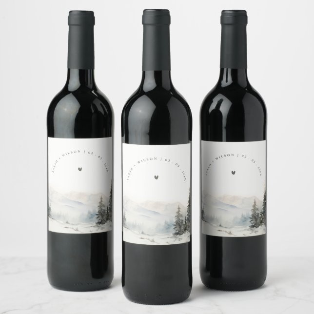 Dusky Winter Snow Mountain Landscape Wedding Wine Label (Bottles)