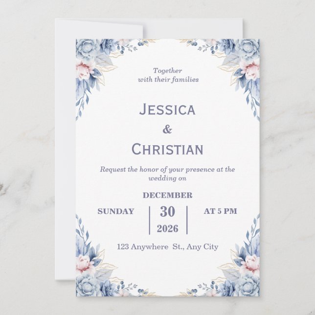 Dust Blue Floral Wedding Invitation  (Front)