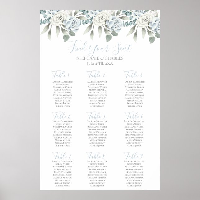 Dust Blue floral Wedding Seating Chart (Front)