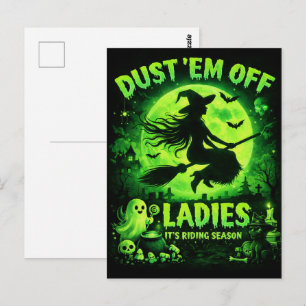 Dust ’em off ladies Creepy Green Witch Postcard