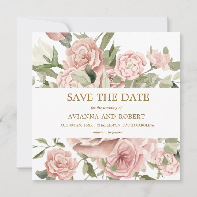 Dust Pink Floral Greenery Save The Date (Front)