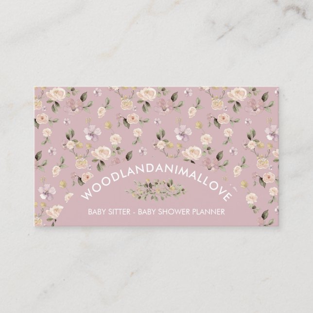 Dust Pink Flower Pattern Botanical Baby Sitter Business Card (Front)