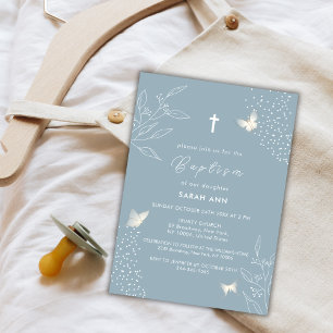 Dustry Blue Elegant Leaves Butterfly Cross Baptism Invitation