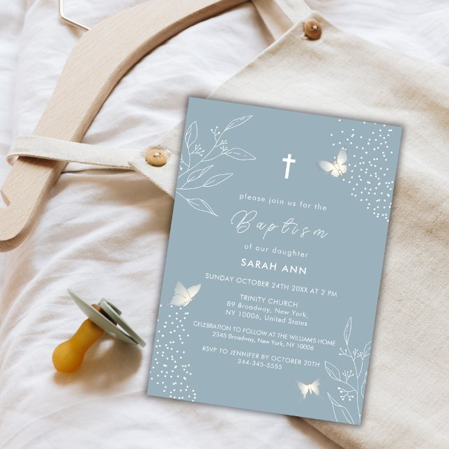 Dustry Blue Elegant Leaves Butterfly Cross Baptism Invitation (Dustry Blue Elegant Leave Butterfly Cross Baptism Invitation)