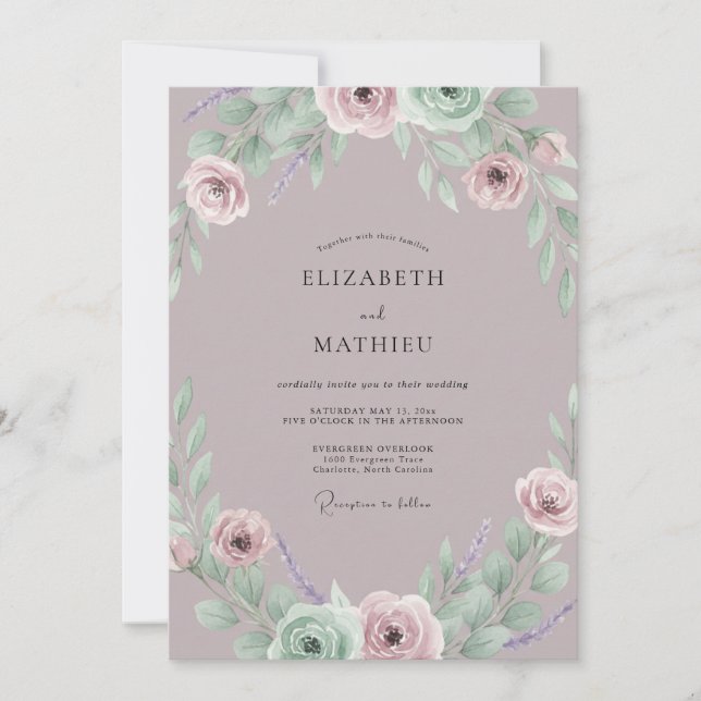 Dusty Amethyst Ranunculus Eucalyptus Wedding Invitation (Front)