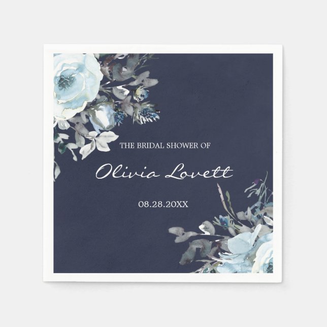 Dusty and Navy Blue Botanical Floral Bridal Shower Napkin (Front)
