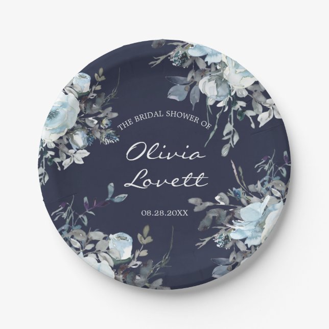 Dusty and Navy Blue Botanical Floral Bridal Shower Paper Plate (Front)
