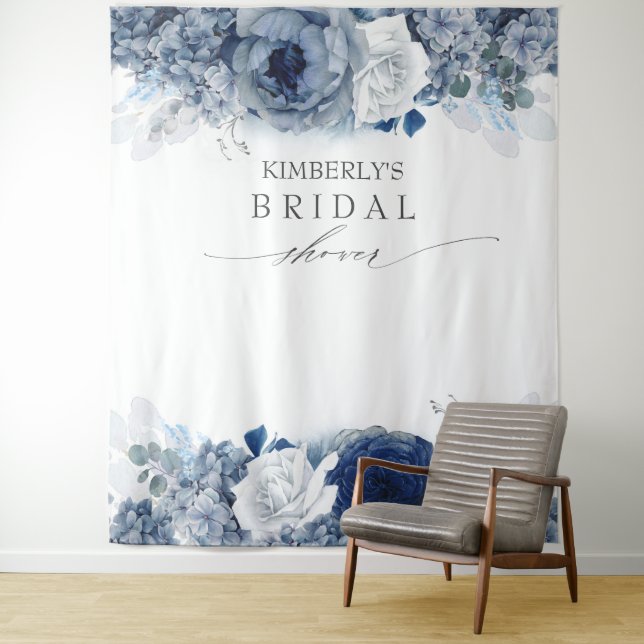 Dusty and Navy Blue Floral Bridal / Baby Shower Tapestry (In Situ)