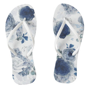 Dusty and Navy Blue Floral Elegant Botanical Flip Flops
