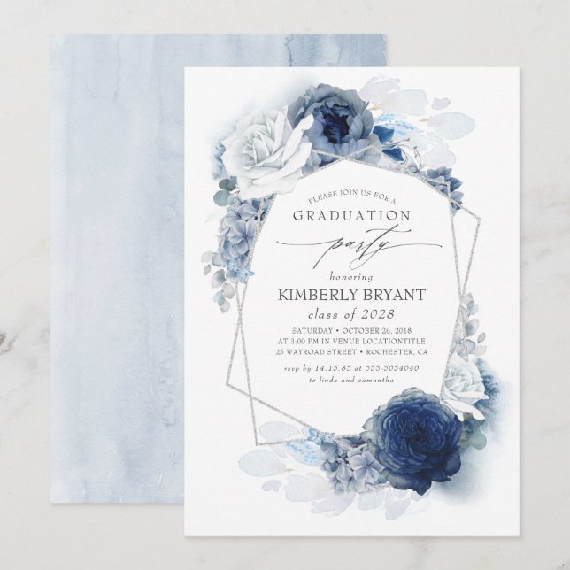 Dusty and Navy Blue Floral Silver Glitz Graduation Invitation (Front/Back)