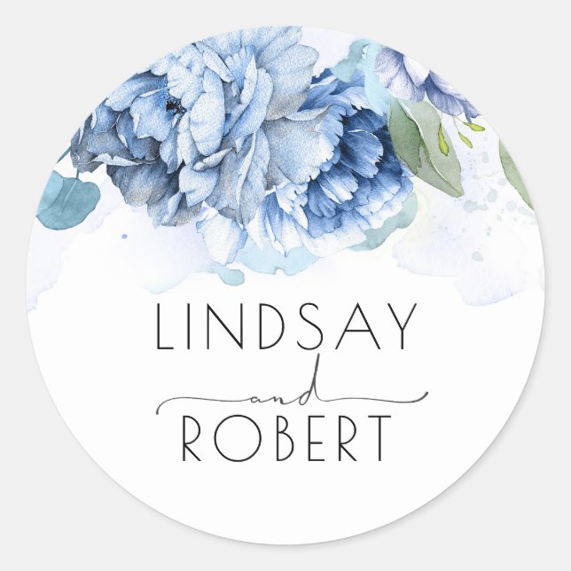 Dusty and Navy Blue Floral Wedding Classic Round Sticker (Front)