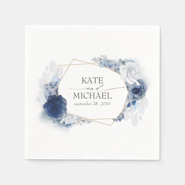 Dusty and Navy Blue Floral Wedding Napkin (Front)