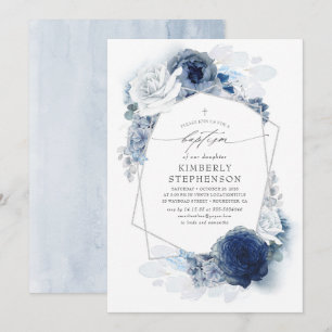 Dusty and Navy Blue Flowers Elegant Modern Baptism Invitation