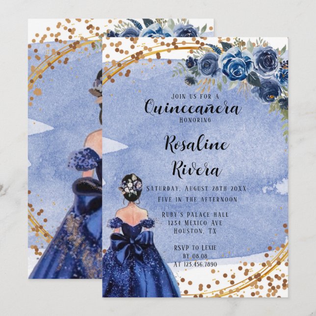 Dusty and Navy Gold Girl Quinceanera Birthday Invitation (Front/Back)