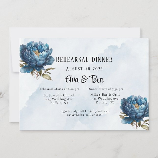 Dusty and Navy Peony Rehearsal Dinner Invitation (Front)