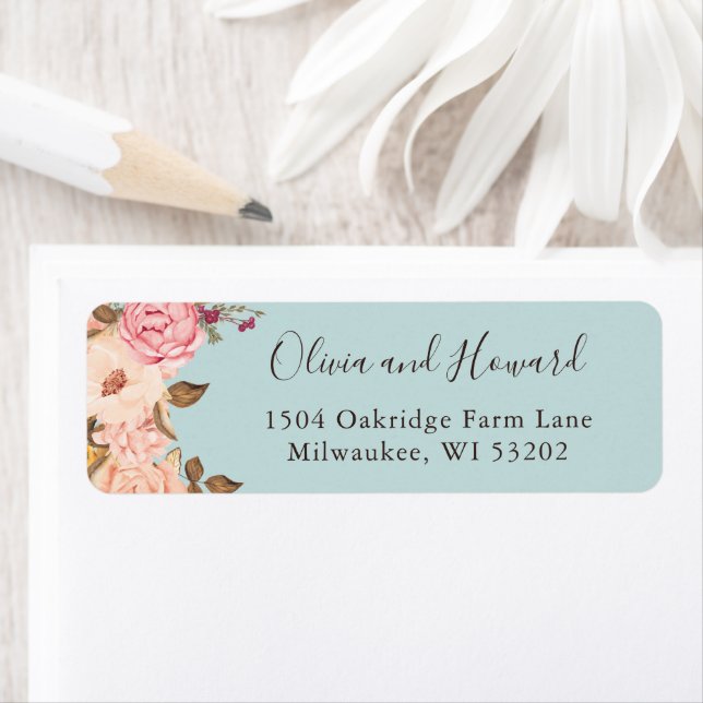 Dusty Aqua Blue Blush Pink Floral Return Address (Insitu)