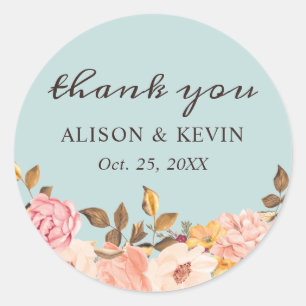 Dusty Aqua Blush Floral Thank You Sticker