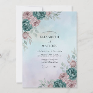 Dusty Aqua Mauve Peony Wedding Invitation