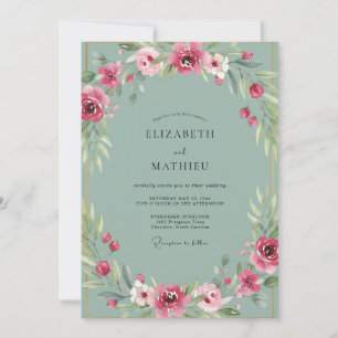 Dusty Aqua Ranunculus Eucalyptus Wedding Invitation