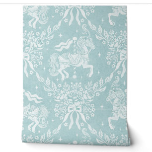 Dusty Aqua Rococo Carousel Horses & Florals Wallpaper