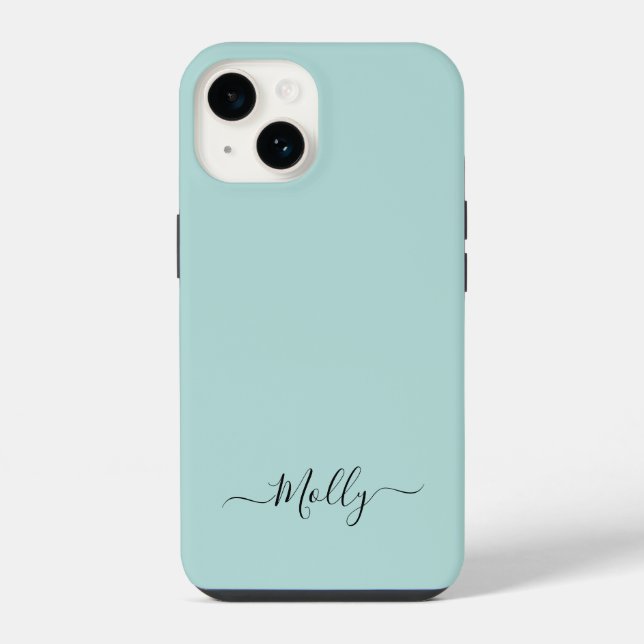 Dusty Aqua Simple Minimalist Script Custom Name iPhone Case (Back)