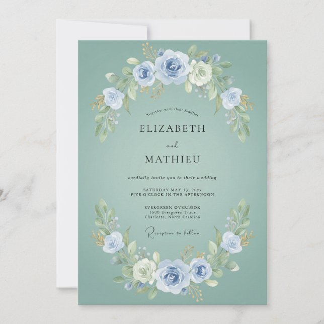 Dusty Aqua Wreath Wedding Invitation (Front)